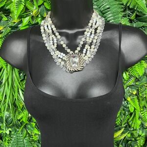Multi Bead Faux Pearl Glass Statement Necklace Crystal Pendant Silver Tone 3788
